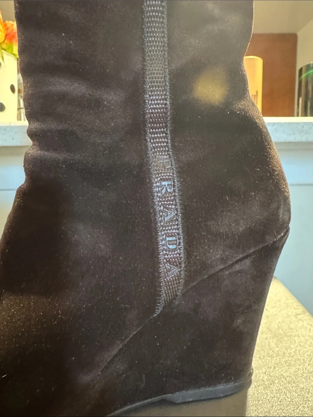 Prada Dark Brown Suede Wedge Booties